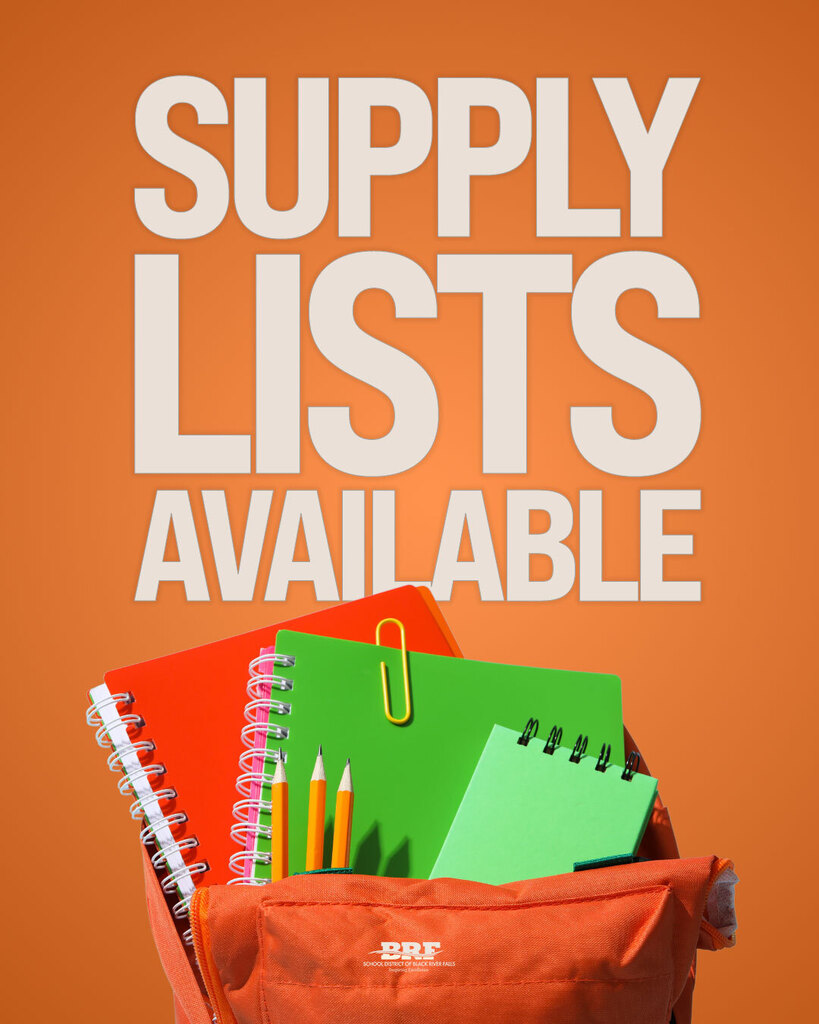 Text: Supply Lists Available. Decorative image: backpack stuffed with notebooks and pencils.