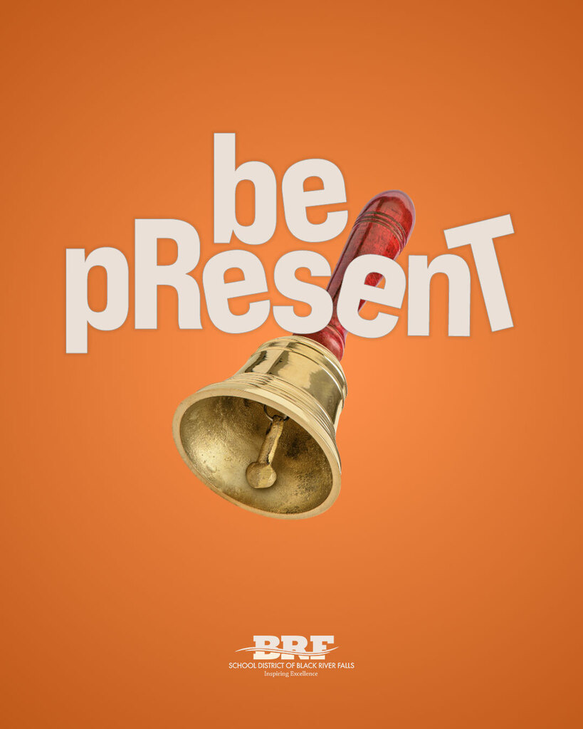 Text on image: be present. Decorative image: bell with handle