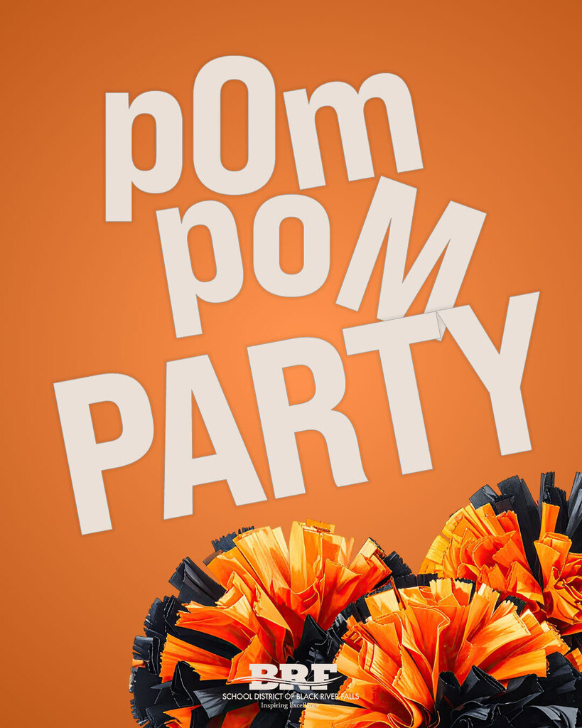 Text on the graphic says "Pom Pom Party." BRFSD logo at bottom. Decorative graphic of some orange and black pom poms at bottom right .