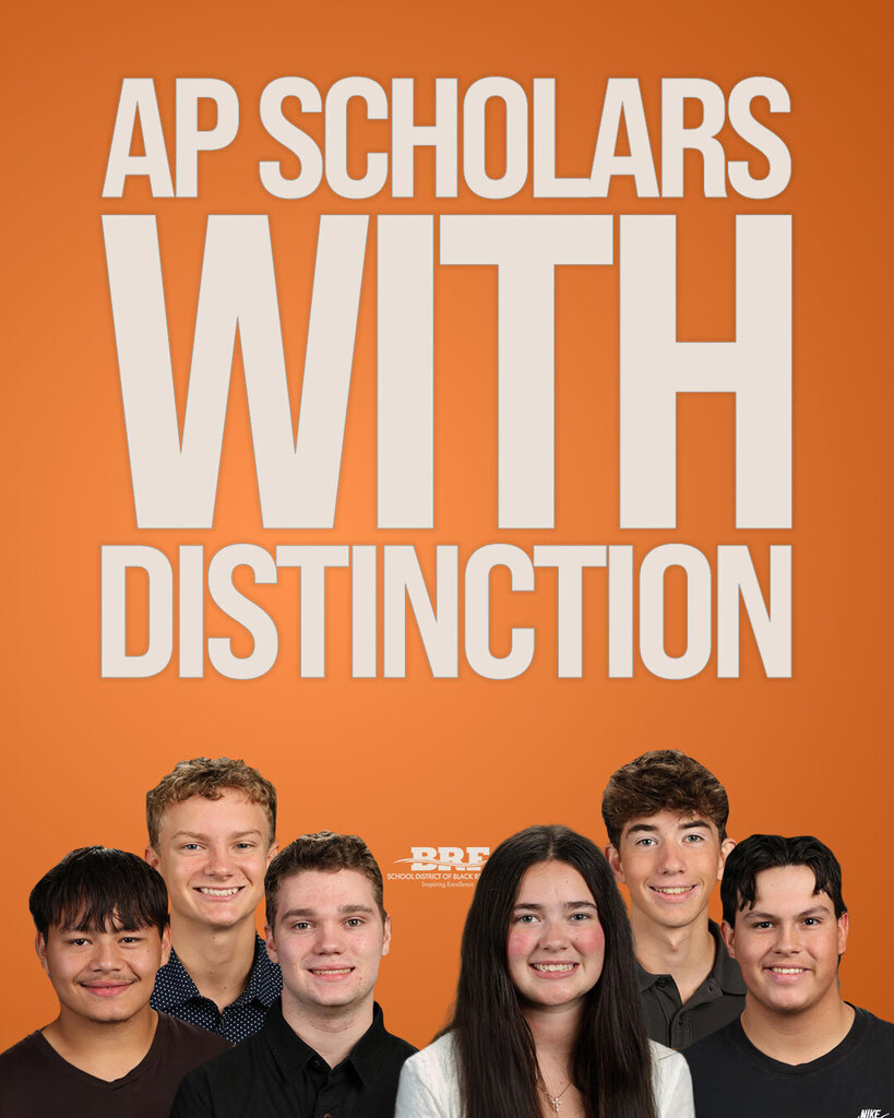 Graphic with an orange background and bold white text reading "AP SCHOLARS WITH DISTINCTION" centered above headshots of six smiling High School students lined up along the bottom. The School District of Black River Falls logo appears faintly in the center.