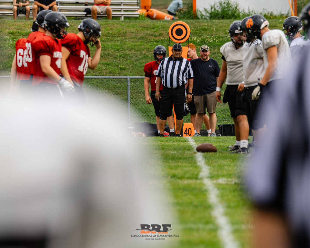 Football official stares down line.