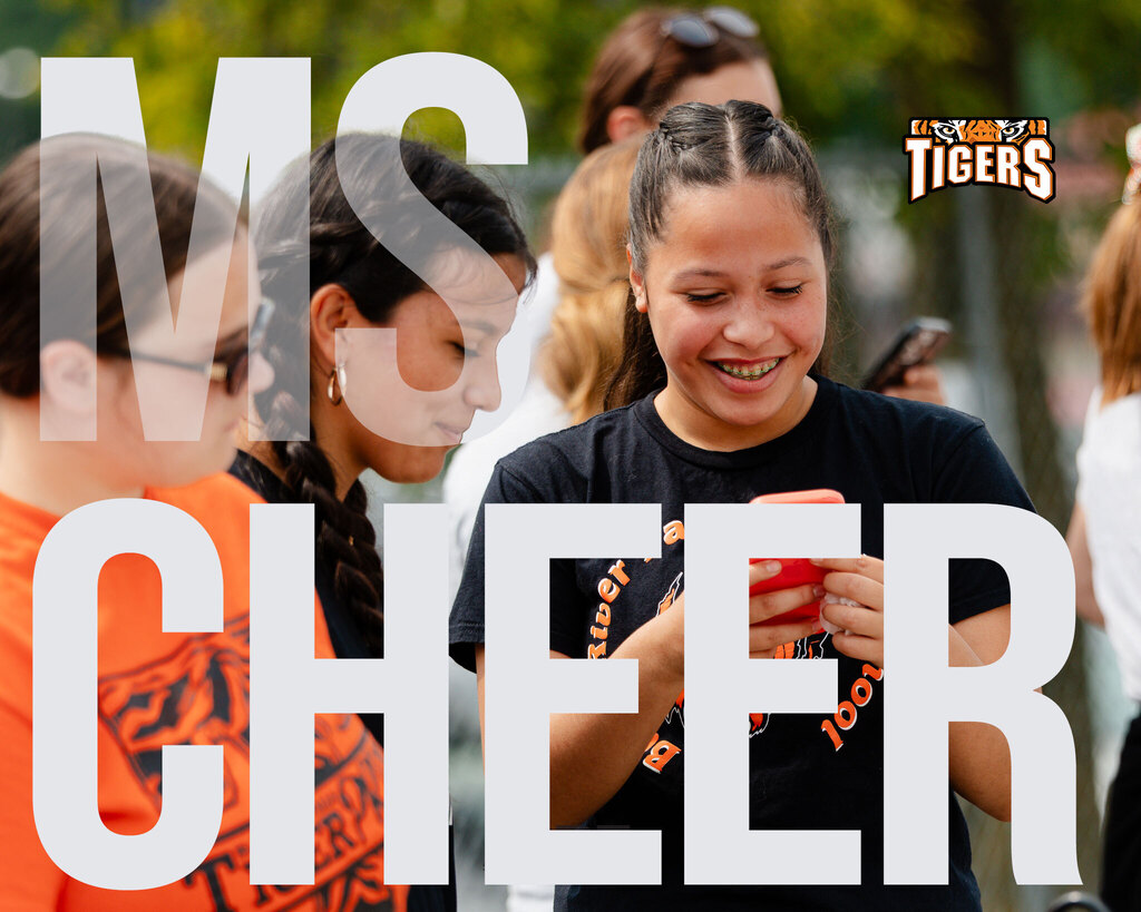 Photo of three girls wearing cheer t-shirts in orange and black. Text on image says "MS CHEER"