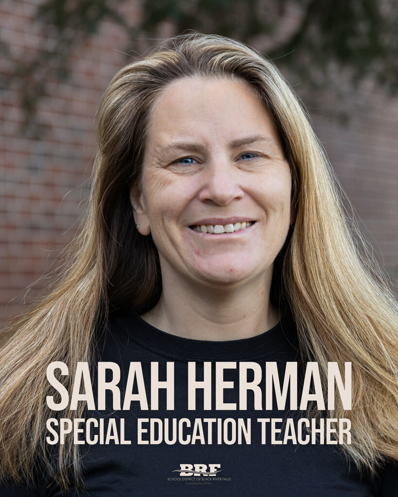 Text on image: Sarah Herman, Special Education Teacher. Photo is a portrait of a woman.