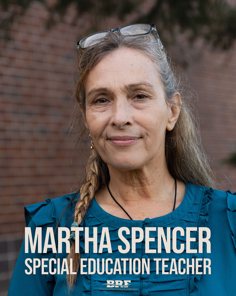 Text on image: Martha Spencer Special Education Teacher. Portrait of woman wearing blue shirt.