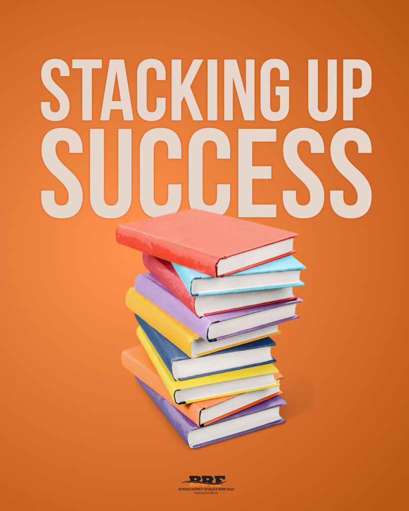 Text on image: Stacking Up Success. Decorative image of a stack of colorful books.