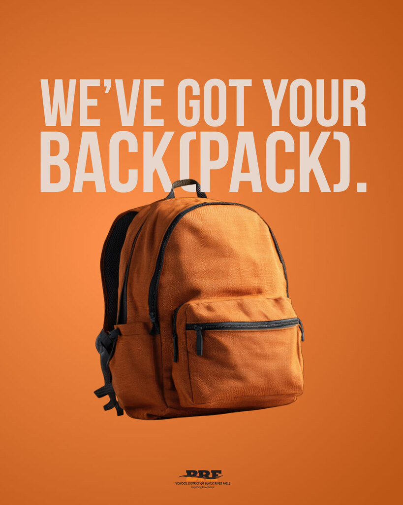 Text on image: We've got your back(pack). Decorative backpack on graphic.