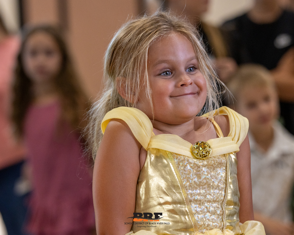 A young girl with blonde hair wearing a shiny, gold princess-style dress and smiling during a school portrait session.