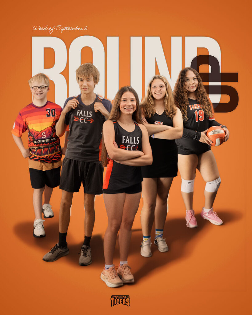 An athletic graphic titled "Week of September 8 ROUNDup" in large white and dark brown text against an orange background. Five Black River Falls High School student-athletes stand side by side posing in their respective uniforms, including ASL soccer, cross country, girls tennis, and volleyball, with the Tiger logo featured at the bottom center.