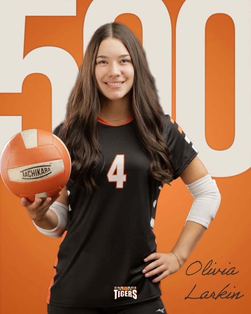 A graphic celebrating Olivia Larkin's milestone featuring "500" in large, bold font against an orange background. Junior Olivia Larkin stands smiling in her black and orange number 4 Black River Falls High School volleyball uniform, holding a volleyball in her right hand with the Tiger logo featured at the bottom center.