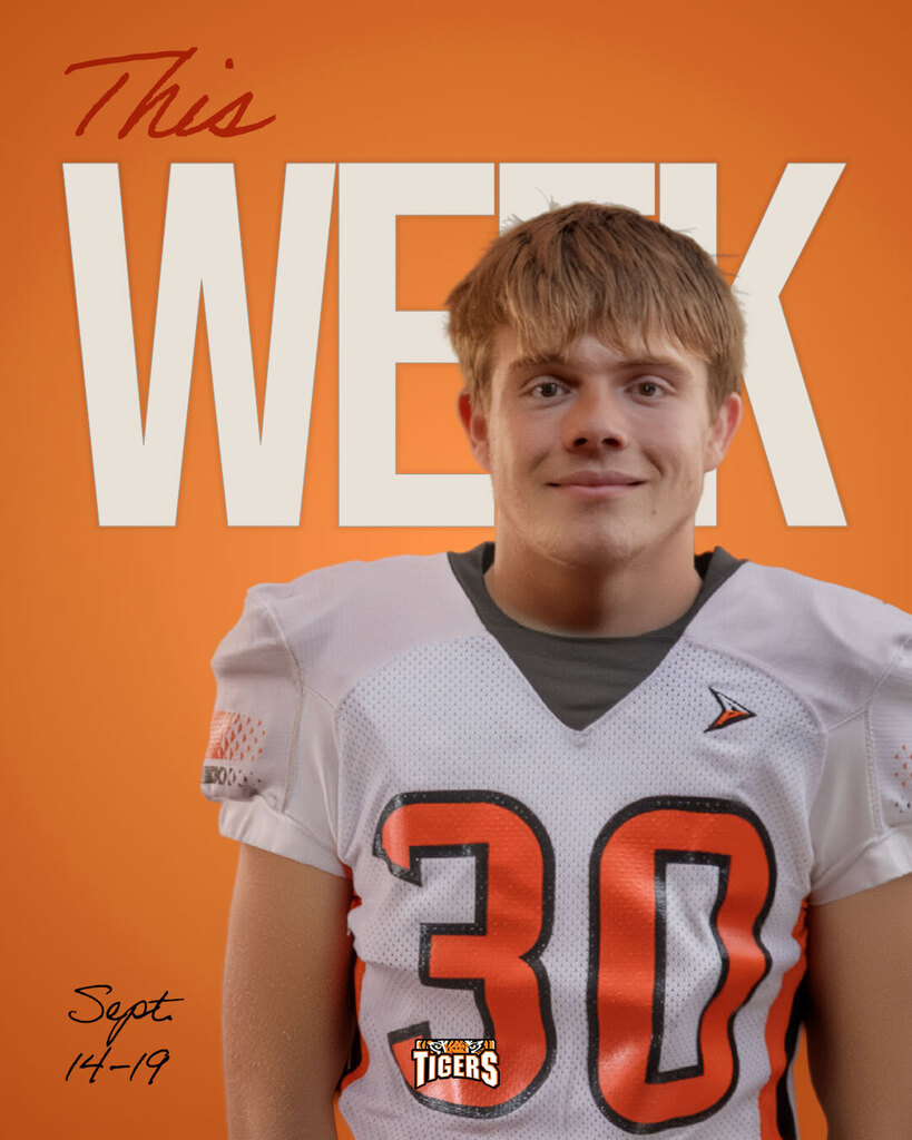 An athletic graphic titled "THIS WEEK" in large white lettering on an orange background, with "Sept. 14-19" written in the bottom left corner. High school football player Rylie Dobson stands in the foreground wearing his white and orange number 30 Black River Falls Tigers jersey, with the Tiger logo featured at the bottom center.
