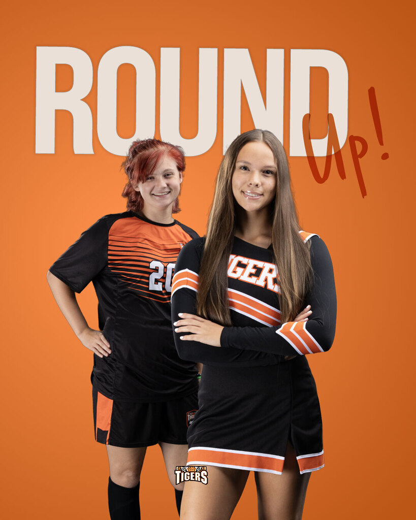 Two girls--one in a soccer uniform and one in a cheer uniform, standing under text that says "Round Up!"