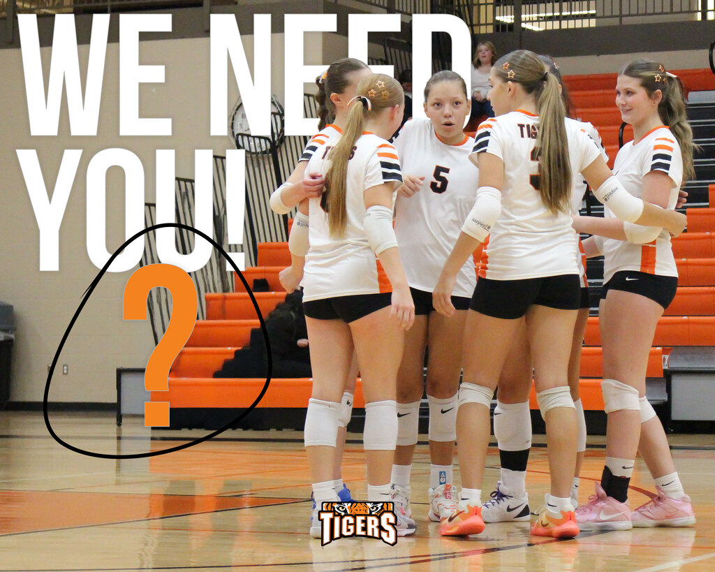 We need you: text. Image of volleyball players in huddle, a qeustion mark and a circle to their left.