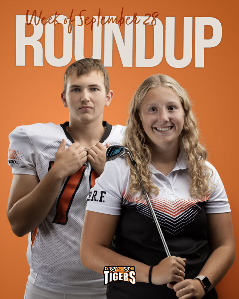 A promo graphic for "Week of September 28 ROUNDUP" against a solid orange background. Two high school athletes pose in their white, black, and orange Tiger uniforms: a football player stands on the left holding his jersey collar, and a girls' golfer stands on the right holding a golf club across her shoulder while smiling. The Black River Falls Tigers logo sits at the bottom center.
