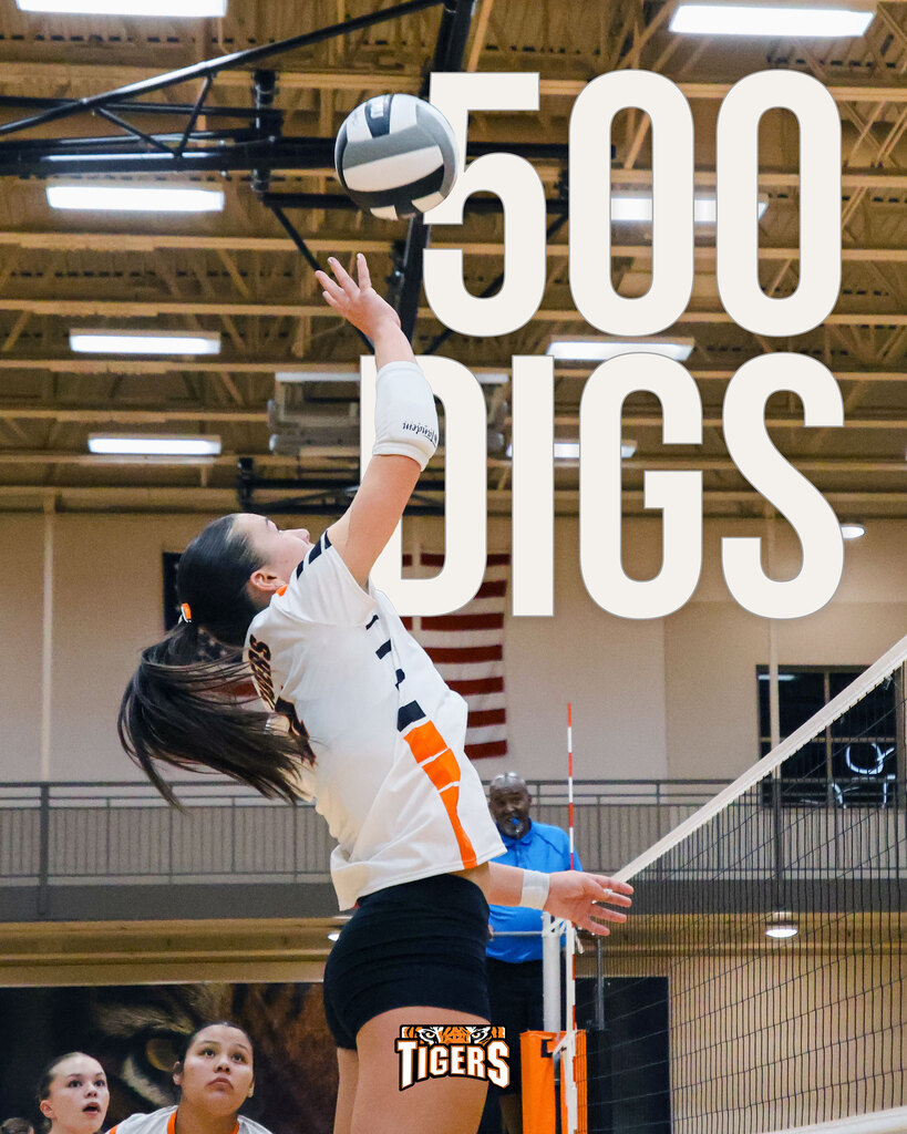 Photo of volleyball athlete hitting a ball. Text on image says "500 Digs"