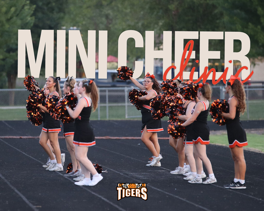 A promotional graphic for a "MINI CHEER clinic" featuring high school cheerleaders in black, orange, and white uniforms practicing on an athletic track next to a football field. The cheer team holds orange and black pom-poms in various cheer motions. Bold white text across the top reads "MINI CHEER" with cursive red text overlapping that says "clinic." The School District of Black River Falls Tigers logo sits at the bottom center.