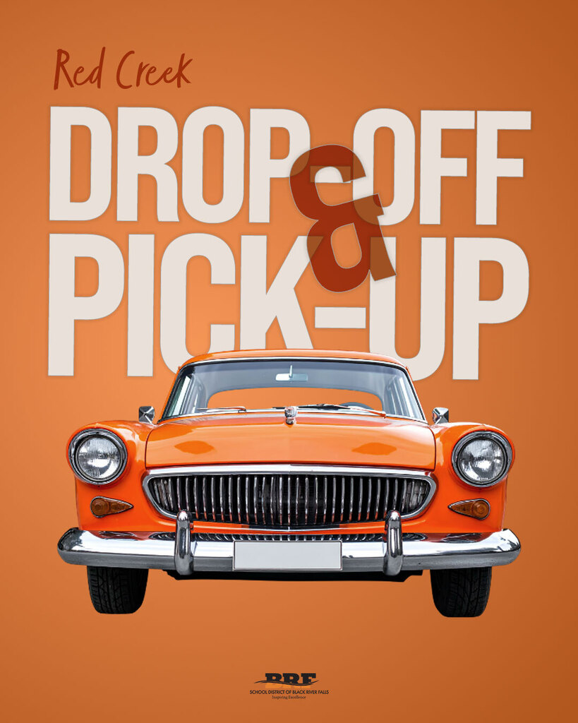 Text on graphic: Red Creek Drop Off and Pick Up. Decorative car image below text.