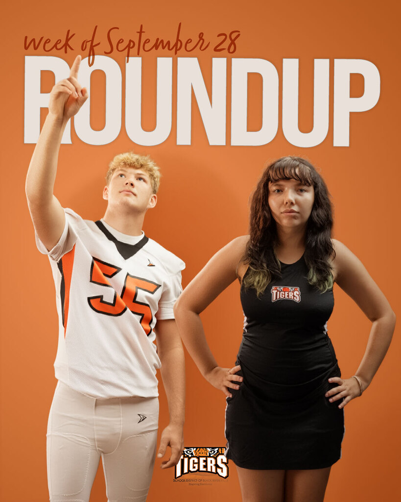 Graphic with Week of September 28 Roundup in text. Two students standing below the letters.