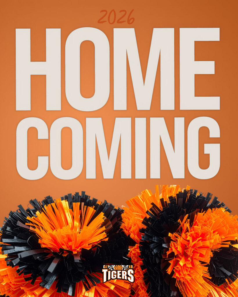 2026 Homecoming: Graphic with text at top, orange pom poms at bottom.