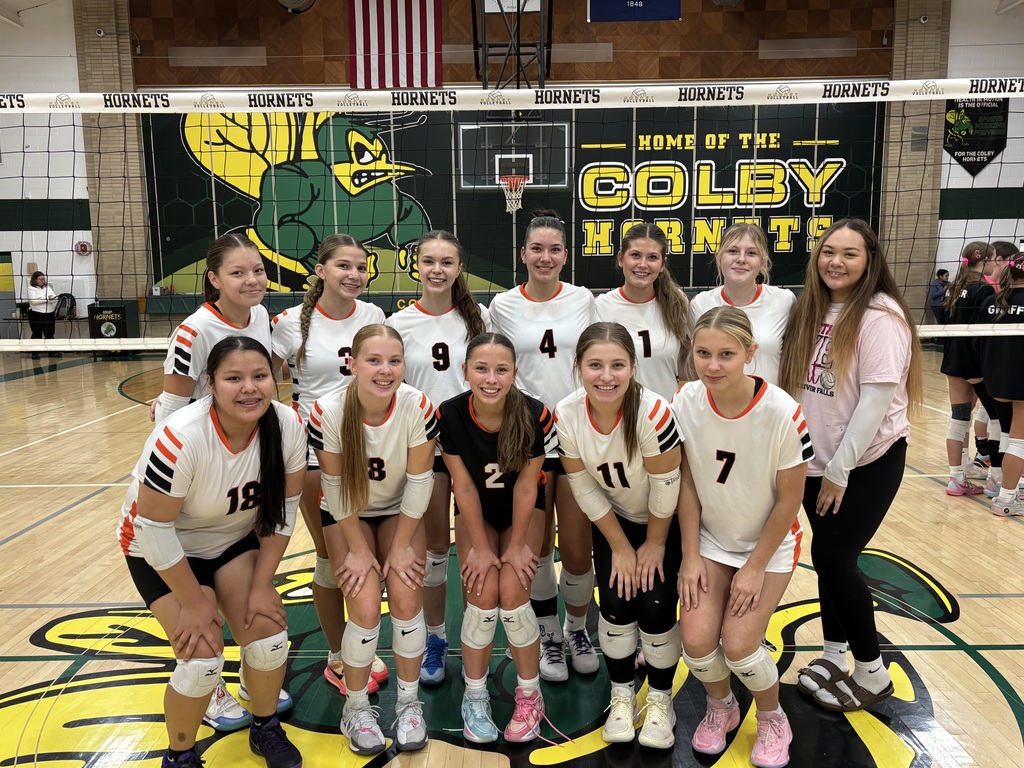 The Black River Falls High School volleyball team poses together on the court at Colby High School after an undefeated tournament.