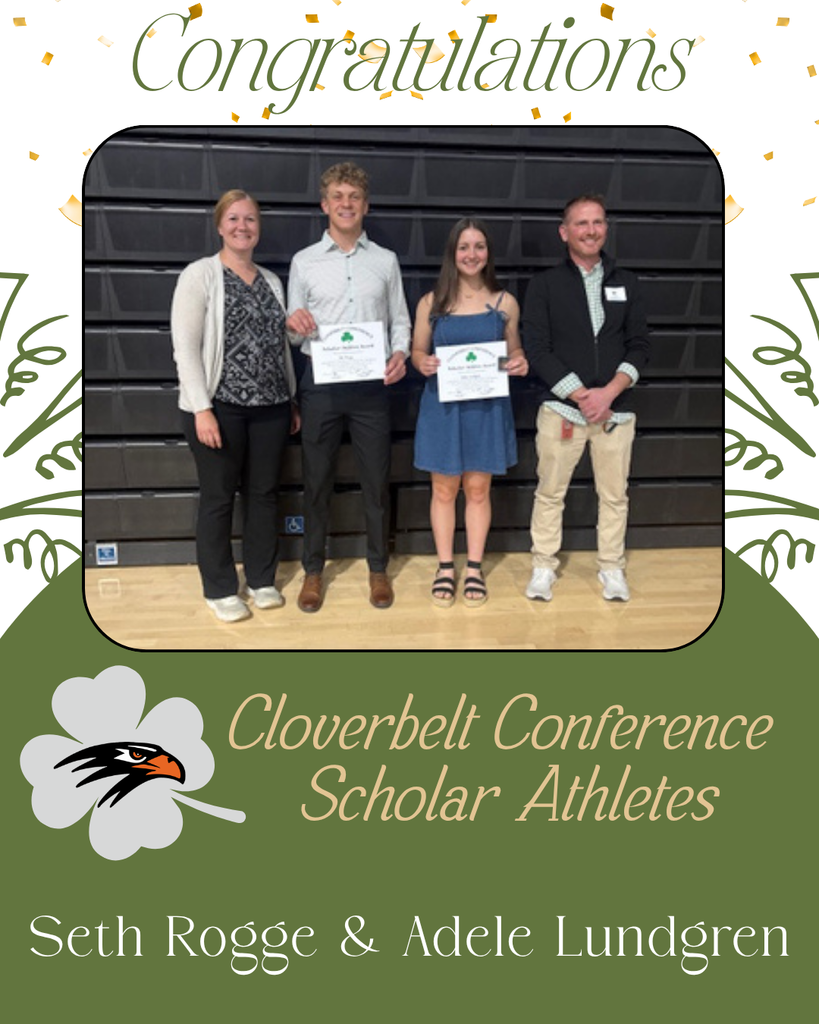 A commemorative graphic celebrating the Cloverbelt Conference Scholar Athletes. At the top, the word "Congratulations" is written in elegant gold script amidst falling confetti. A central photo shows four people—two adults and two students—standing in a gymnasium. The two students, Seth Rogge and Adele Lundgren, are holding official award certificates. The bottom of the flyer features a green background with a white four-leaf clover containing a black and orange hawk logo, accompanied by the text "Cloverbelt Conference Scholar Athletes: Seth Rogge & Adele Lundgren."