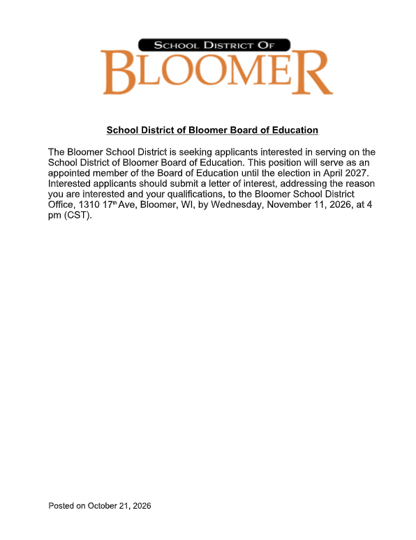 School District of Bloomer Board of Education Seeking Applicants Posting