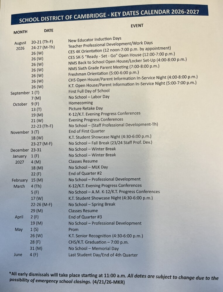 Key Dates 2026-27