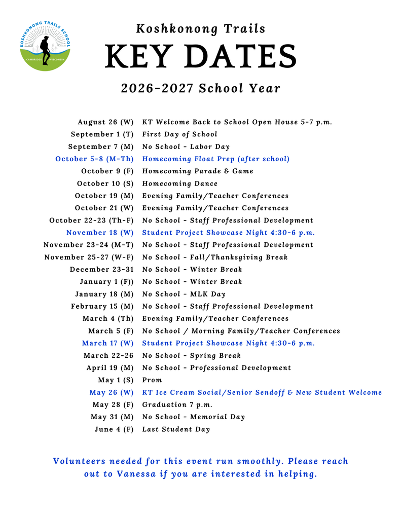 Koshkonong Trails Key Dates Calendar for 2026-2027 School Year