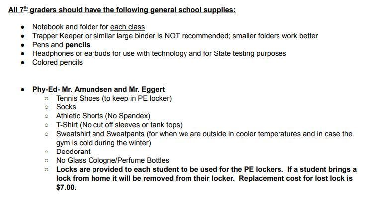 7th Grade Supply List 
