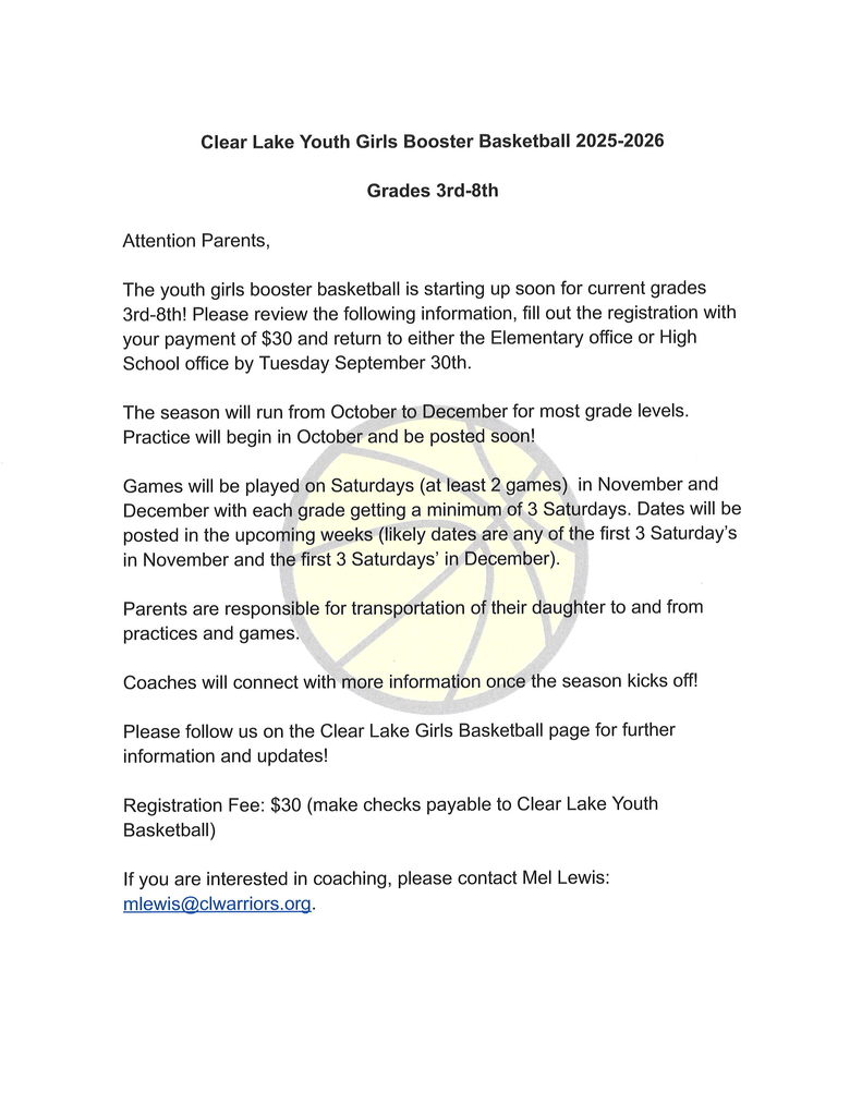 Grades 3-8 Girls Basketball Information Letter & Permission Form