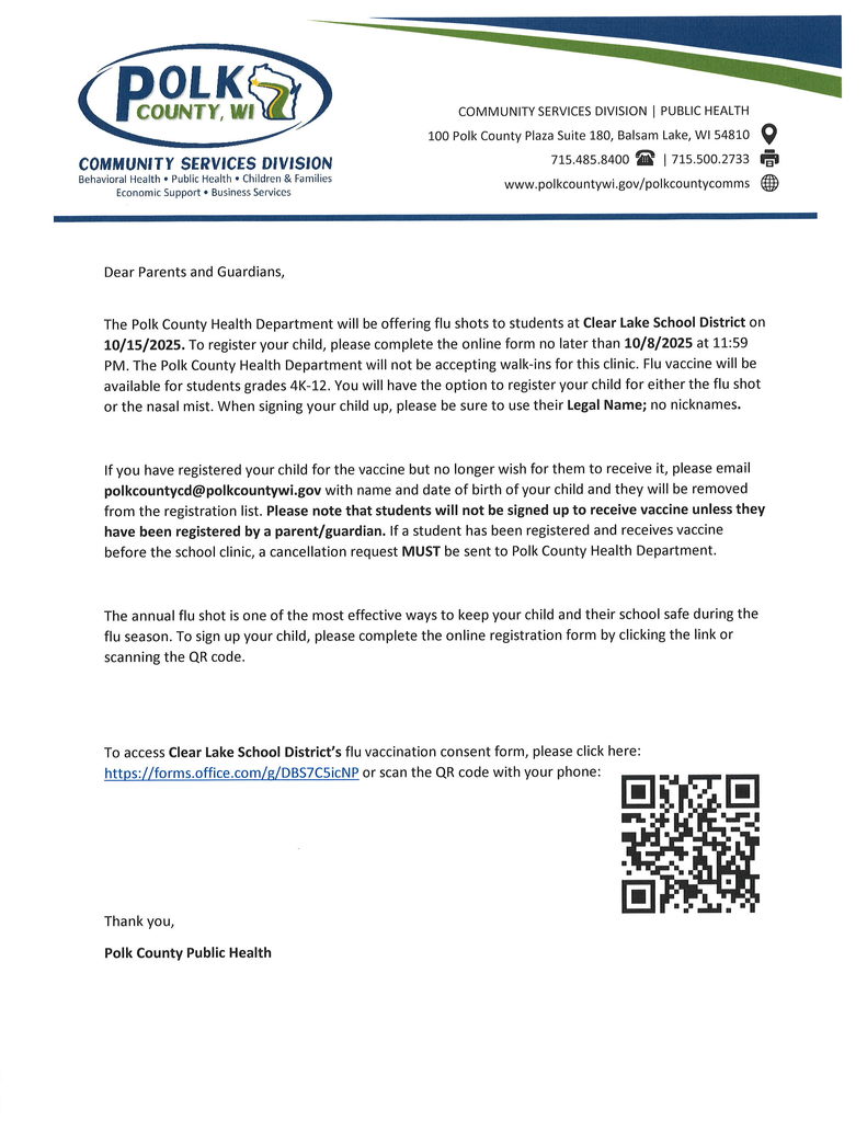Information regarding Flu Shot Clinic at Clear Lake School District