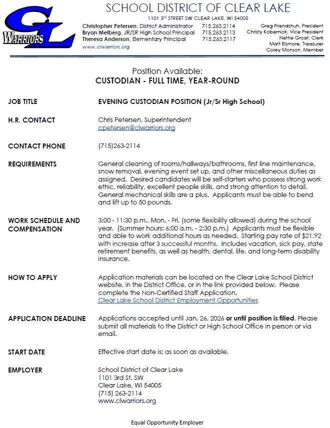 Custodian Full Time Position Available