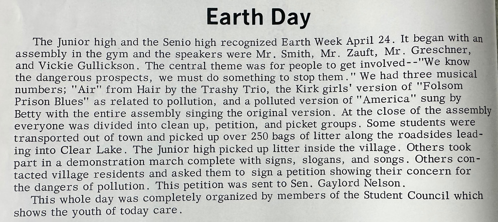 1970 yearbook highlighting the first Earth Day