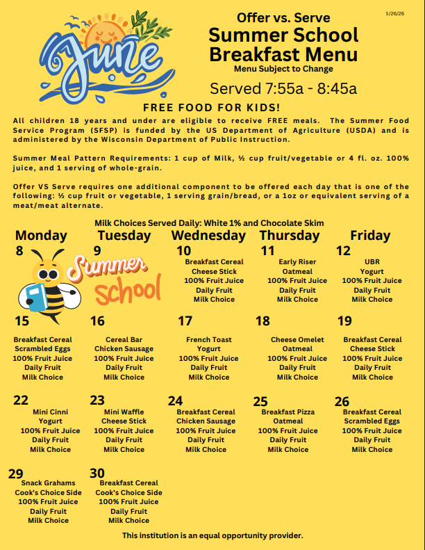 Summer School Breakfast Menu