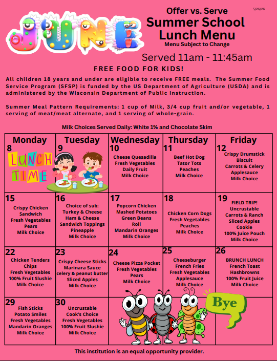 Summer School Lunch Menu