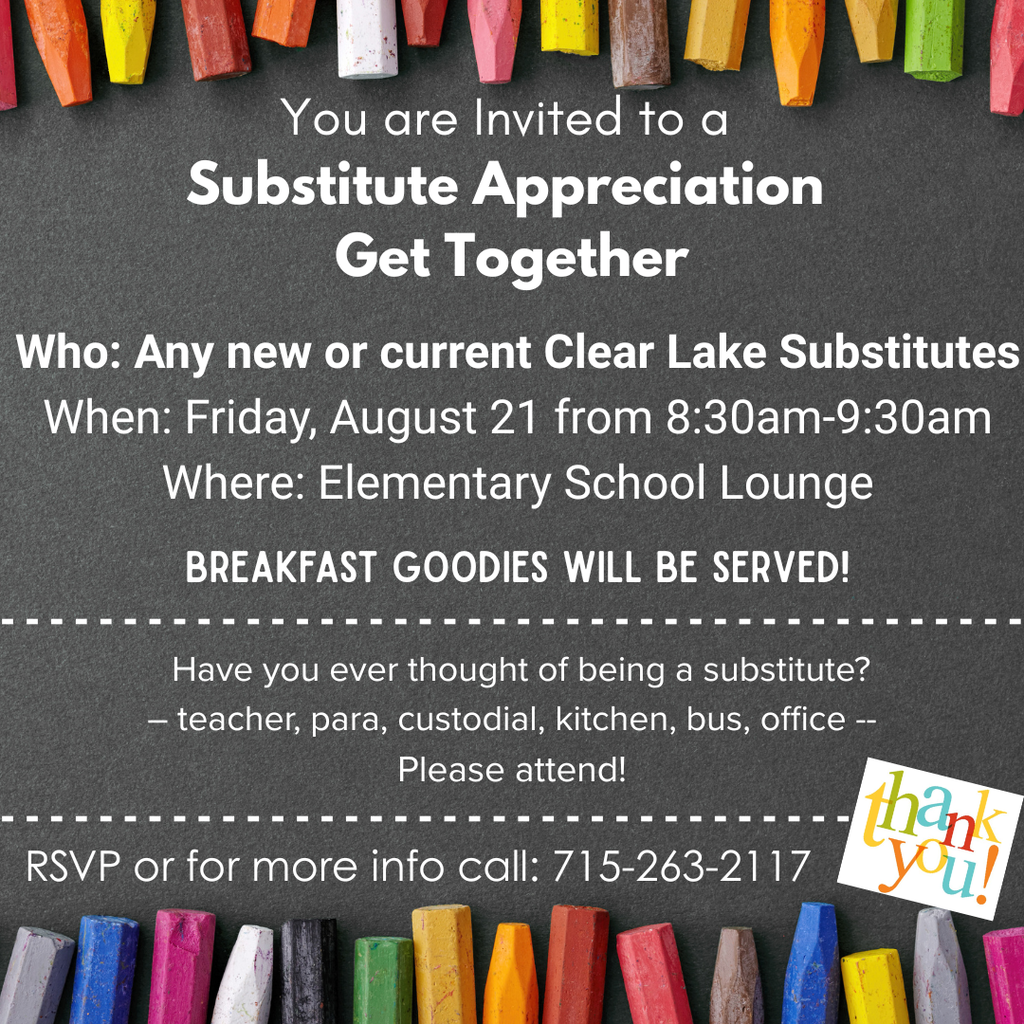 Has crayons around edge and invites people to attend the substitute appreciation morning