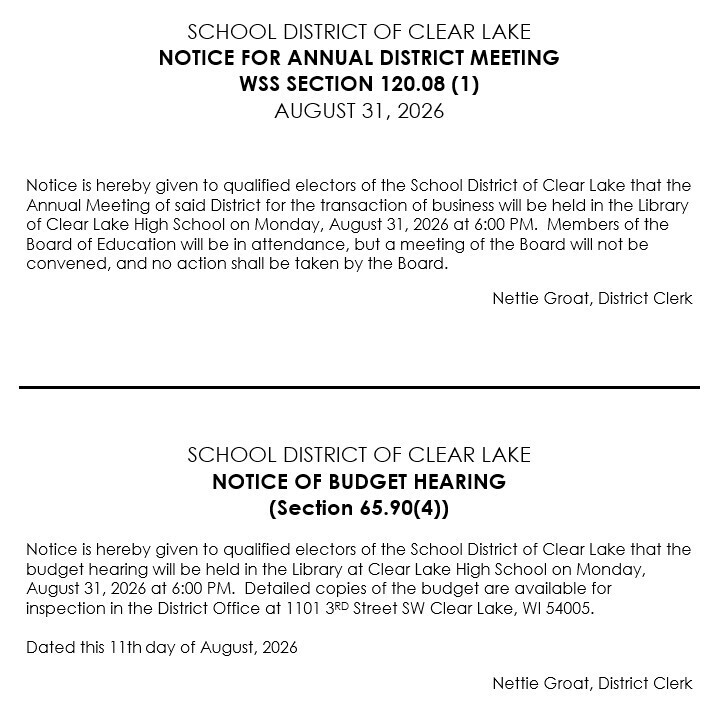 Annual Meeting and Budget Hearing NOtice: to be held at 6:00 p.m. on Monday, August 31st.