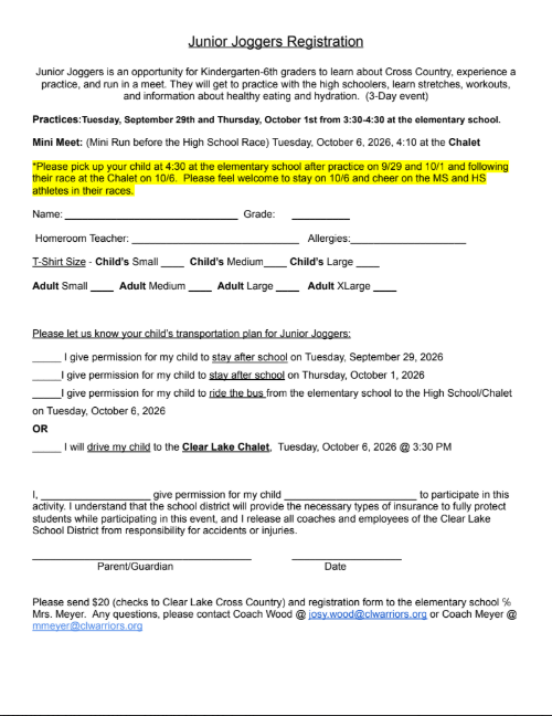 Jr. Joggers Sign-Up form