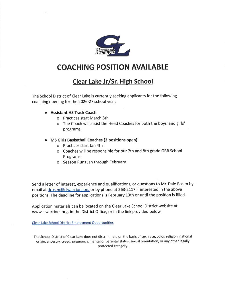 Clear Lake Coaching Openings
