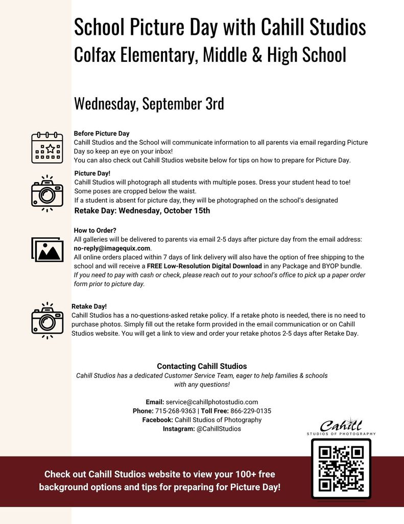 School Picture Day with Cahill Studios. Wednesday, September 3rd