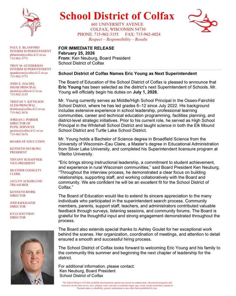 Eric Young - Superintendent Press Release