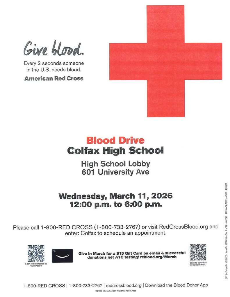 Blood drive colfax high school march 11, 2026 12pm-6pm