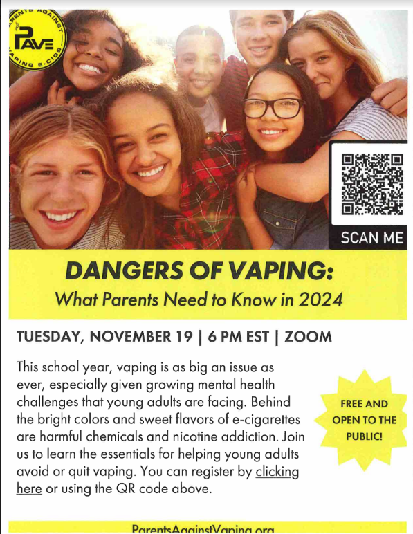 This school year, vaping is as big an issue as ever, especially given growing mental health challenges that young adults are facing. Behind the bright colors and sweet flavors of e-cigarettes are harmful chemicals and nicotine addiction. Join us to learn the essentials for helping young adults avoid or quit vaping. Your can register by scanning the QR Code above
