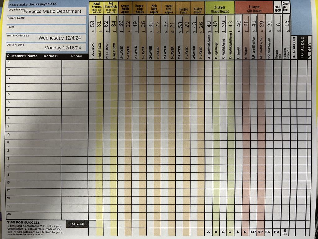 2024 Fruit Sale Fruit Order Form