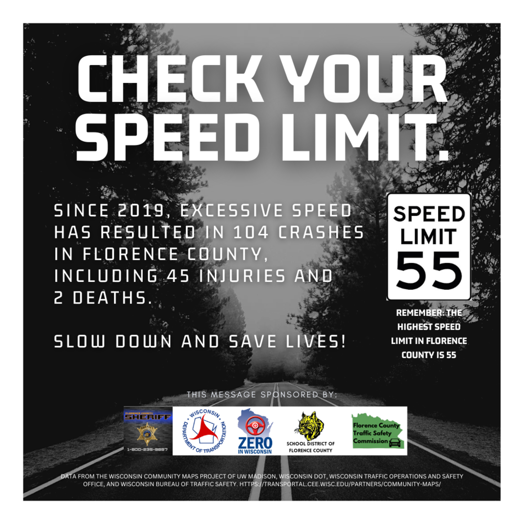 Check your speed limit since 2019 excessive speed has resulted in 104 crashes in Florence County Including 45 injuries and 2 deaths slow down and save lives. Remember the highest speed limit in Florence county is 55.  This message sponsored by the Florence County Sheriff, the school district of florence county, the florence county traffic safety commission.