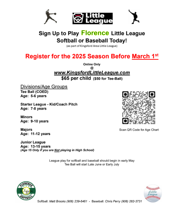 Little League sign up flyer for more info contatct Matt Brooks at 9062396461 or Chris Perry at 9062823731