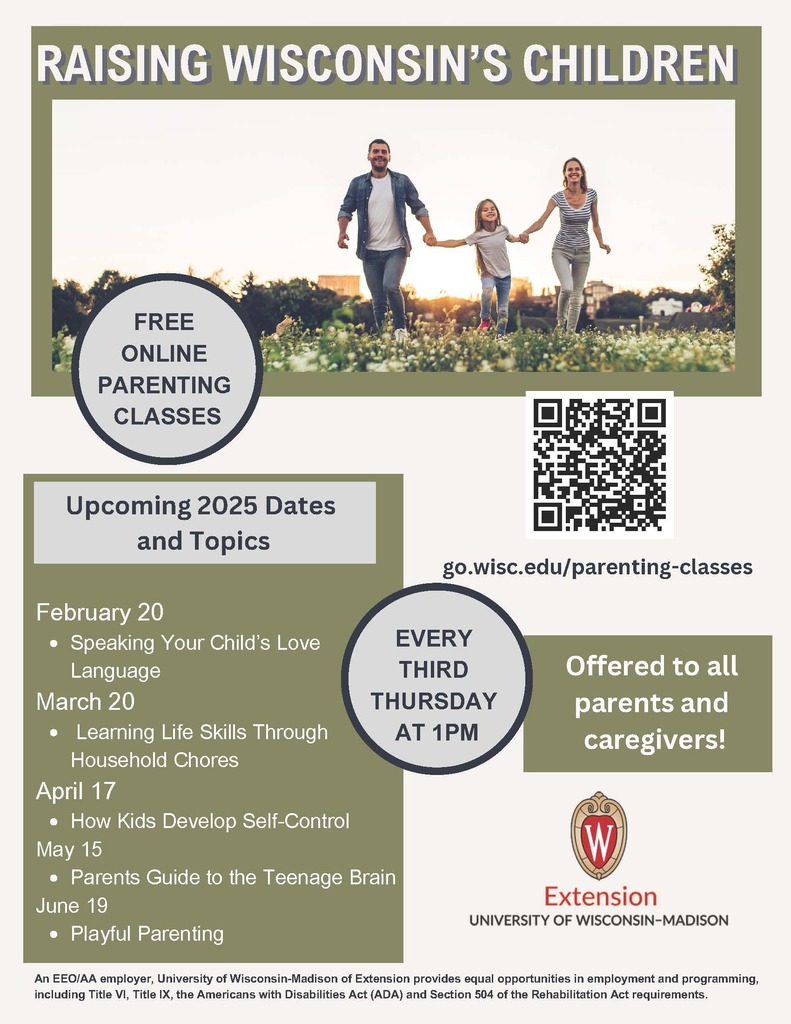 "Join UW Extension- Florence County for the Raising Wisconsin's Children classes. Thursday February 20 at 1:00PM for the topic Speaking your Child's Love Language. Clear communication helps us connect. Learn how to speak your child’s love language. All parents are welcome and tune in to some of our upcoming classes! Register today: go.wisc.edu/parenting-classes"