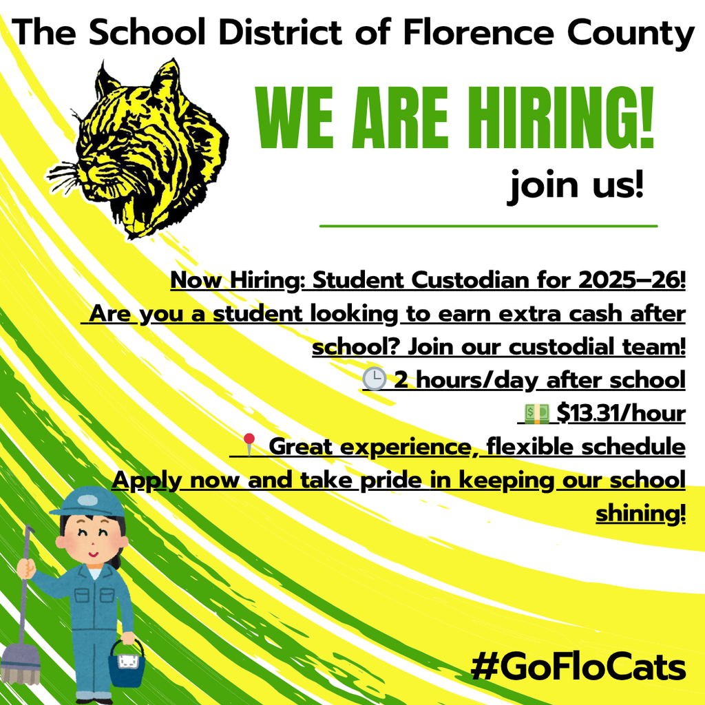 Now Hiring: Student Custodians for 2025–26! Are you a student looking to earn extra cash after school? Join our custodial team! 🕒 2 hours/day after school 💵 $13.31/hour 📍 Great experience, flexible schedule Apply now and take pride in keeping our school shining!