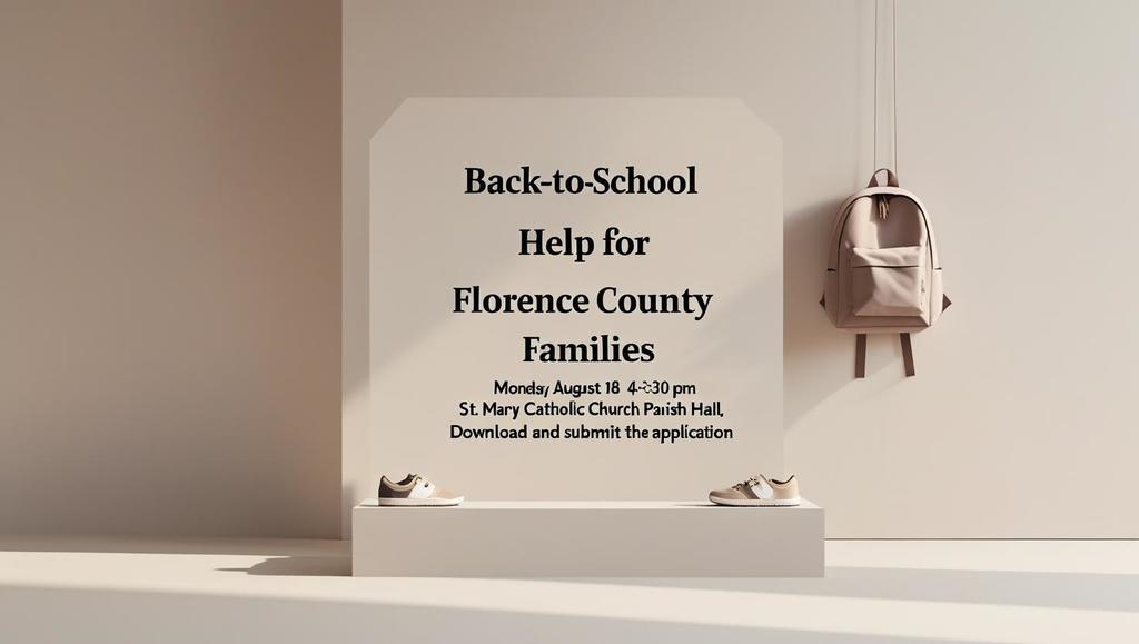 🎒 Back-to-School Help for Florence County Families! 🎒  Need help with school supplies, backpacks, or shoes? Families who qualify can receive gift cards and supplies to get ready for the new year.  📅 Pickup Day: Monday, August 18 | 4:30–5:30 PM 📍 St. Mary Catholic Church Parish Hall  Download the application and return it to St. Vincent de Paul (P.O. Box 62, Florence) or drop it off at the store. Apply ASAP!