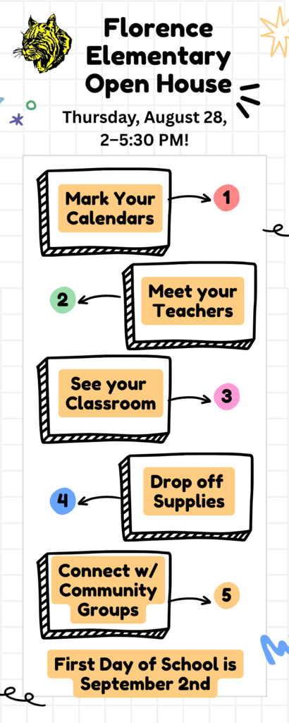 🎉 Florence Elementary Open House! 🎉 Mark your calendars — Thursday, August 28, from 2–5:30 PM! Meet your teachers, see your classrooms, drop off supplies, and connect with community groups before the first day of school on September 2. We can’t wait to see you there!