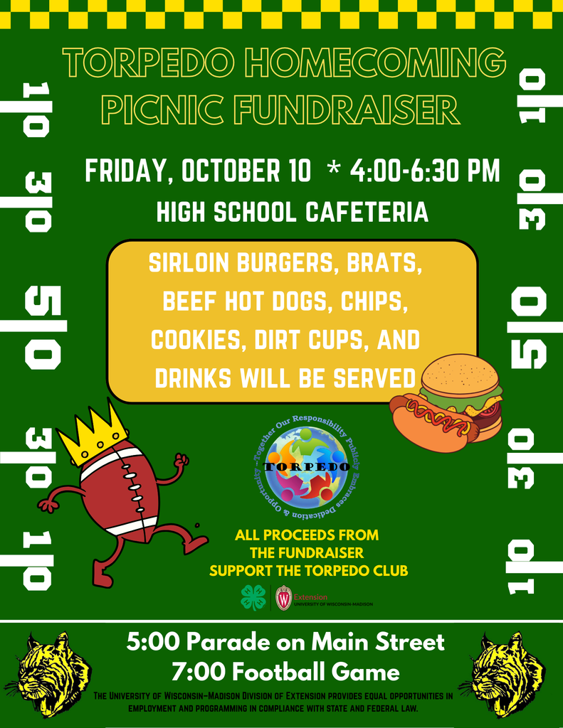 Join us Oct 10 for the Torpedo Homecoming Picnic! 🎉 4–6:30 PM in the HS Cafeteria. Burgers, brats, treats & drinks! 🚩 Parade @ 5 | 🏈 Football @ 7. Proceeds go to the Torpedo Club 💚💛